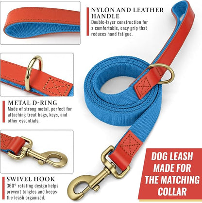 Dog Collar and Leash Set with Metal Quick Release Buckle, Adjustable, Breathable Nylon, Durable, Soft and Comfortable, No Pull for Walking and Training, Blue, XL (16.9"-26")