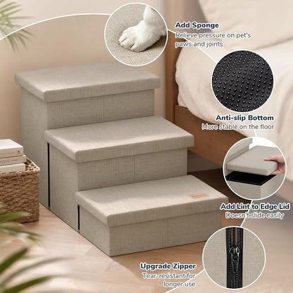 3-Step Wide Dog Stairs with Hidden Storage 18" H, Non-Slip Dog Steps for High Bed Couch Window Car, Jiont-Friendly Pet Stairs Ramp for Small/Medium/Large Old Dogs Cats Up to 220lbs, Beige