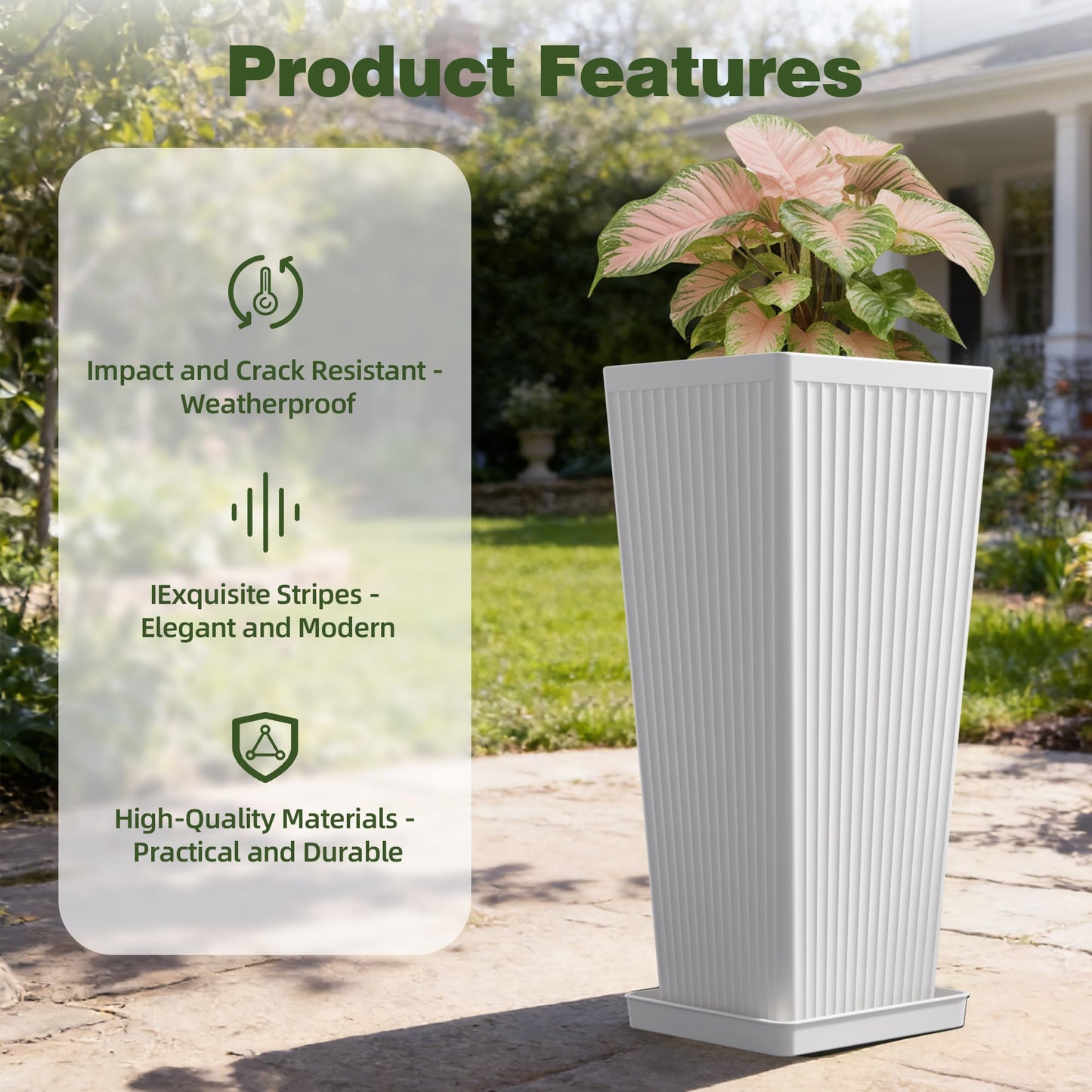 Trygoal White Square Tall Planters for Outdoor Plants Set of 2-23.6" Modern Tapered Indoor Flower Pots with Drainage Holes/Partition/Tray, Large Outdoor Planters for Porch Patio Garden Front Porch