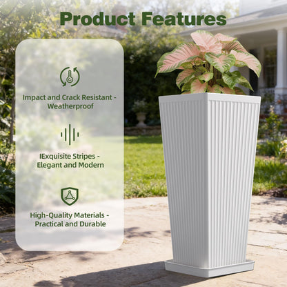Trygoal White Square Tall Planters for Outdoor Plants Set of 2-23.6" Modern Tapered Indoor Flower Pots with Drainage Holes/Partition/Tray, Large Outdoor Planters for Porch Patio Garden Front Porch