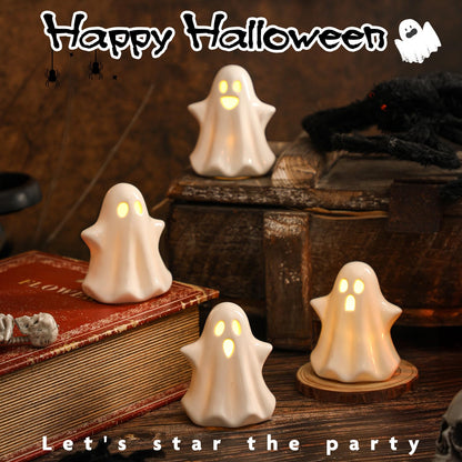 4PCS Ceramic Ghost Light Up Decor, Cute Ghost Halloween Decor, Small White Ghost Figurine Timer Led Ghost Figurines for Desk Tabletop Centerpieces，Halloween Decoration Indoor