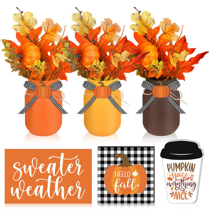 Jexine 18 Pcs Fall Mason Jar Table Centerpiece for Dining Room Mason Jar Vases Faux Floral Maple Leaves Pumpkins with Rope Wood Sign Farmhouse Tray Decor for Fall Wedding Kitchen Living Room