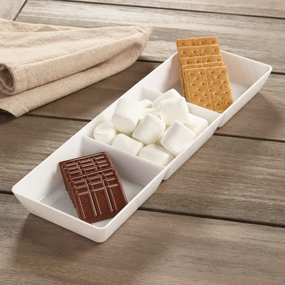 US Acrylic Avant White Plastic Divided Serving Trays (Set of 4) 15” x 5” | Narrow Reusable 3-Section Party Platters | Serve Appetizers, Fruit, Veggies, & Desserts | BPA-Free & Made in USA