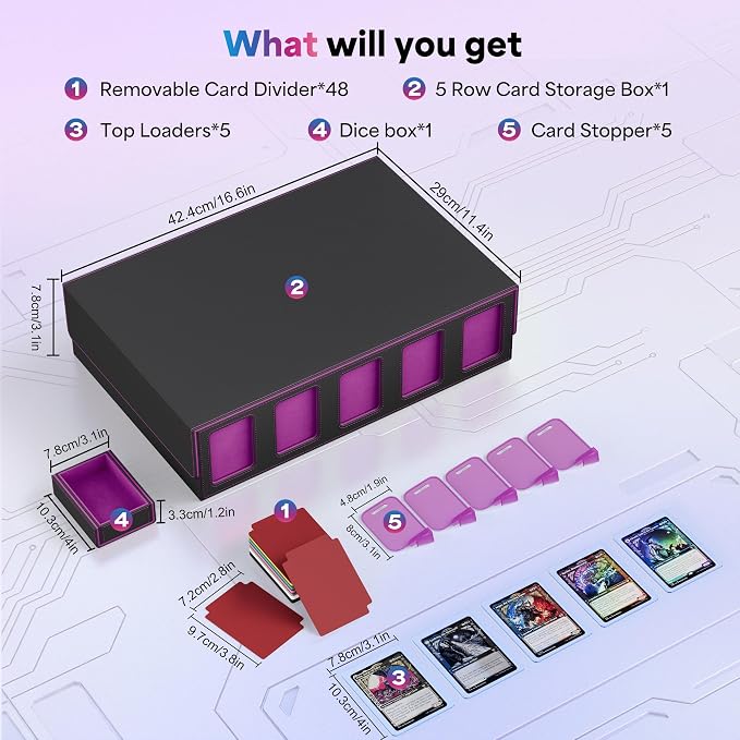 UAONO Trading Card Storage Box with Commander Display;3900+ Card Box for MTG, Removable Cover; 5 Row Case fits MTG TCG Sports Cards 48 Dividers,5 Stoppers,5 Top Loaders,1 Dice Box(Black, Purple)