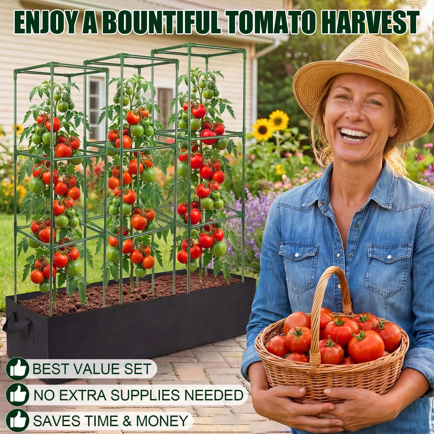 BobbleT 3 Pack Heavy Duty Tomato Cages with 86 Gallon Grow Bag, 41" Adjustable Tomato Trellis for Raised Garden Bed, Sturdy Square Plant Support for Climbing Vegetables, Cucumbers & Garden Plants