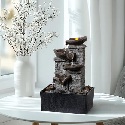 MAOCHI Tabletop Indoor Water Fountain Cascading with 3-Tier Bowl Brick Wall Design with LED Light Tabletop Zen Decor