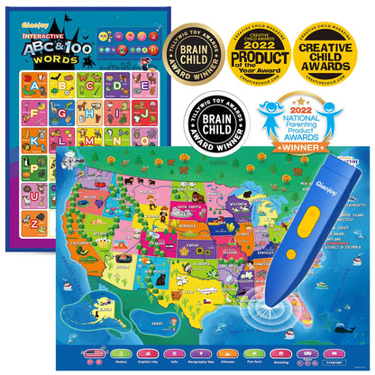 Bilingual Interactive for Kids Talking USA Map Alphabet Poster for Toddlers Learning and Educational Toys,Talking Educational Chart for Ages 3 to 12 Years Old,Learning ABC Letters for Preschool/Gift