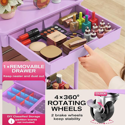 Goovilla Rolling Makeup Organizer Cart with Removable Drawer, 4 Tier Stable Purple Floor Skincare Storage Cart for Vanity, Cosmetic Display, Nail Polish, Perfume, Hair Stuff, Beauty, Bathroom(Plastic)