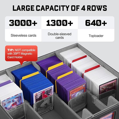ZLCA MTG Storage Box 4-Row with Handle, MTG Deck Box Holds 3000+ Trading Cards with Portable Handle Removable Dice Tray, Commander Storage Card Case for Top Loaders TCG PTCG Sport Card(Black&Grey)