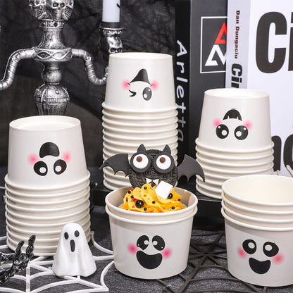 Whaline 48 Pcs Halloween Ghost Snack Cups White Boo Treat Disposable Paper Bowls 9 Oz Paper Cups Dessert Ice Cream Bowls for Trick or Treat Birthday Movie Party Favor Supplies
