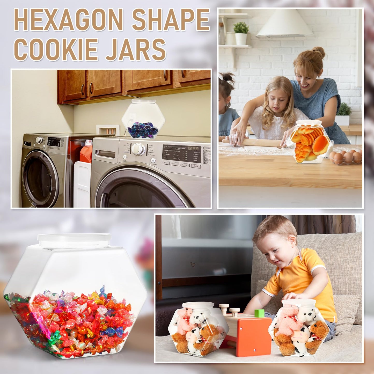 Uiifan 1 Piece Plastic Candy Jar with Lid Clear Fish Bowls Cookie Jar Hexagonal Containers for Snacks, Dog Food, Desk Pet, Craft and Sewing Supplies, Coffee Pod, Laundry Pod Storage Display(145 oz)