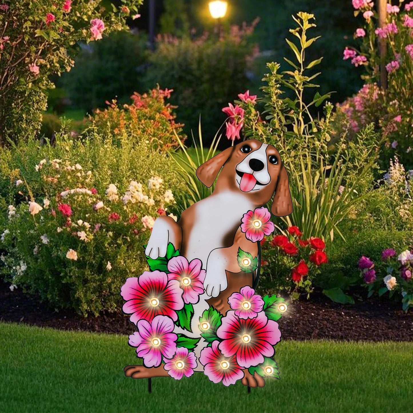 WONDER GARDEN Decorative Garden Stakes - Lighted Dog and Flower Yard Sign Stakes Spring Signs for Outdoor, Porch, Yard,Flower Bed Decor (Battery Operated)