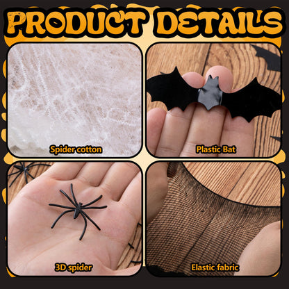 1360 Sqft Cuttable Stretchy Spider Web Halloween Decoration, Black Giant Outdoor Beef Netting Halloween Spider Webs, DIY Spooky Gauze Cobweb Fake Spiders Bats for Yard Garden Party Decor (472" x 39")