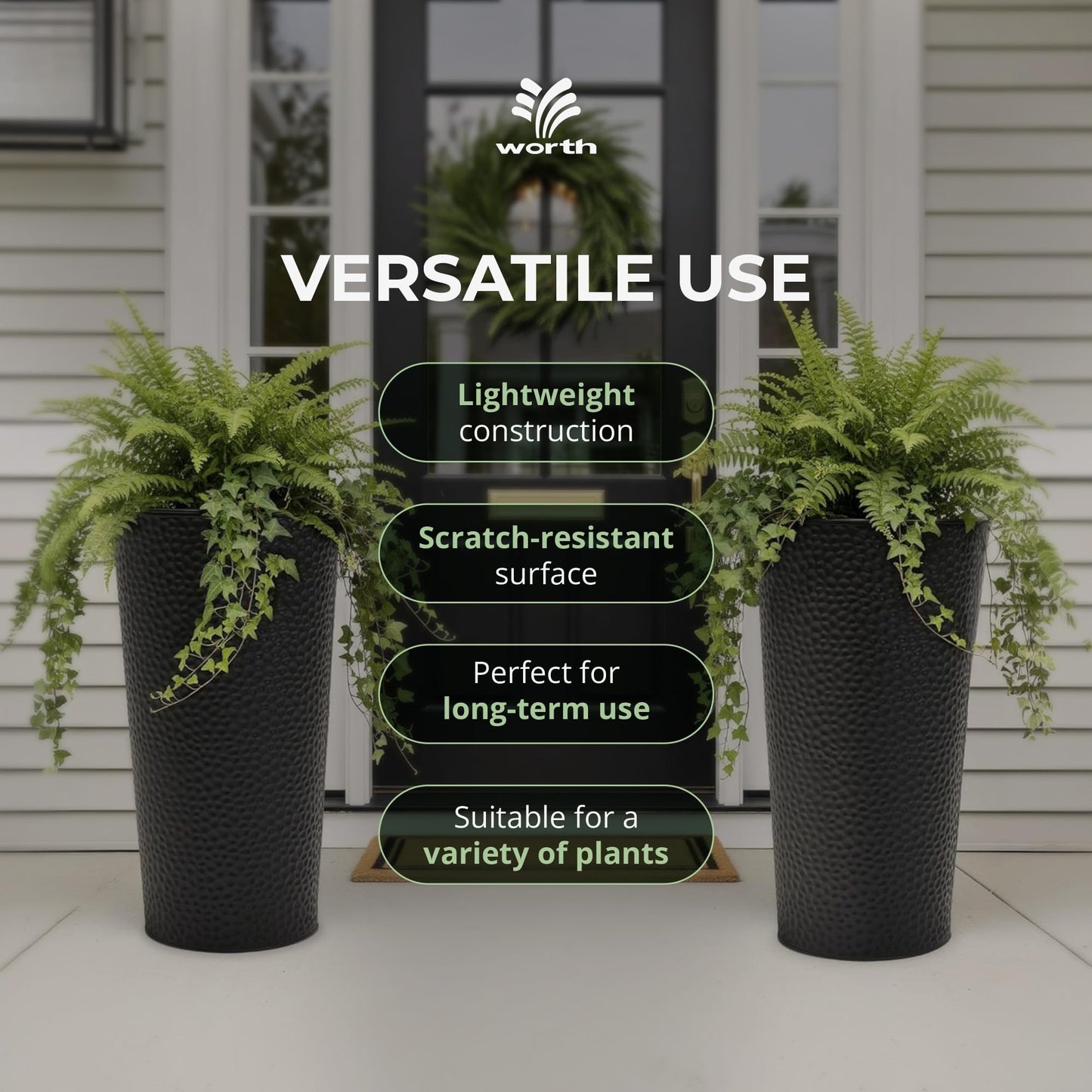 Worth 2 Pack 28" Tall Narrow Metal Planter with Inside Pot for Indoors or Outdoors, Deck, Patio or Front Porch, Hand-Hammered Texture, Black