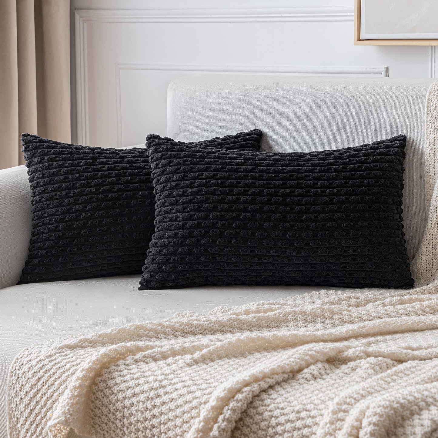 MIULEE Pack of 2 Decorative Throw Pillow Covers 18x18 Inch Soft Boho Striped Textured Corduroy Pillow Covers Modern Farmhouse Home Decor for Couch Bed Sofa Living Room Cream White