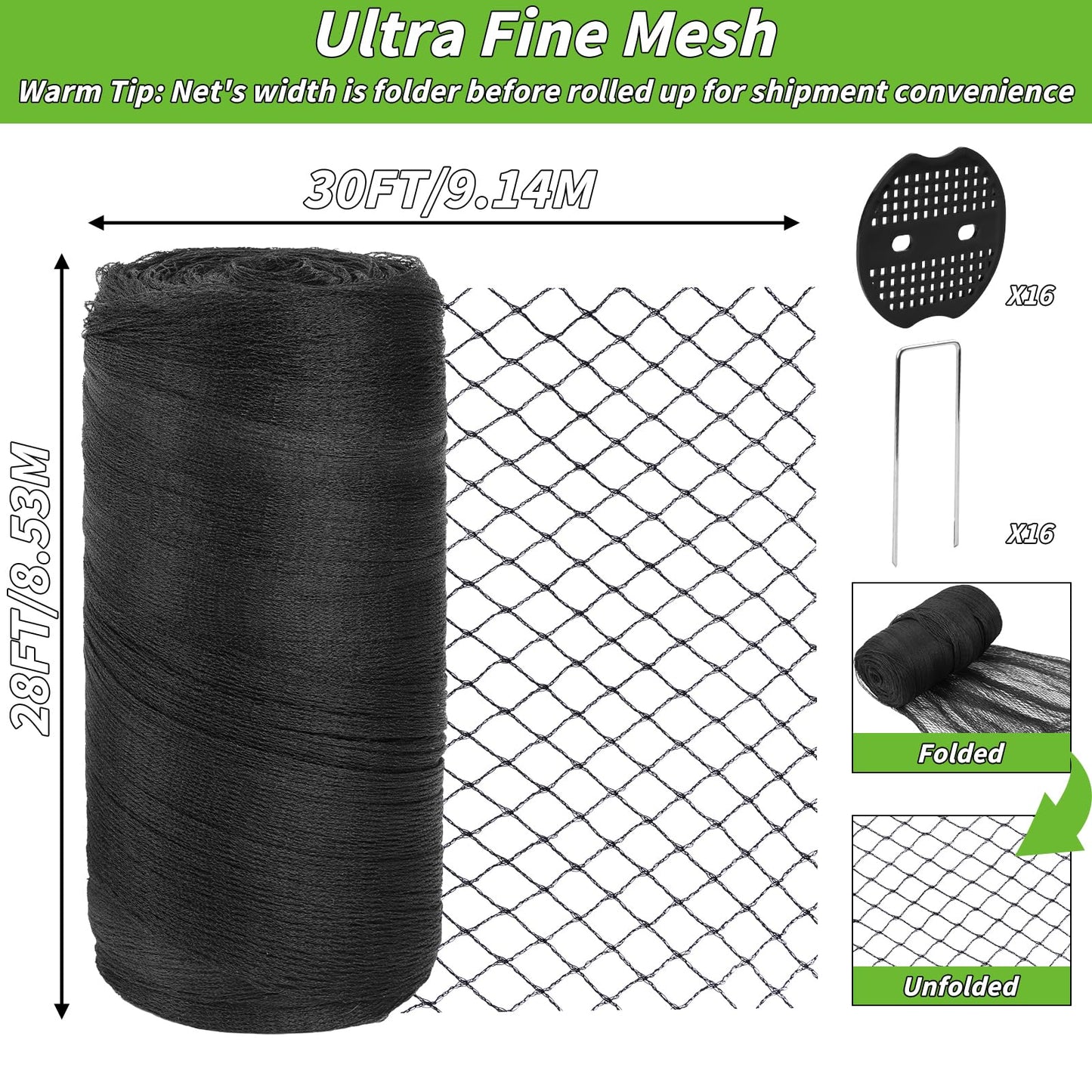 Garden Mesh Netting 28x30 FT - Heavy Duty Bird Net, Mesh Pest Barrier Reusable Ultra Fine Deer Fence Netting Crops Row Cover Raised Bed Protect Fruits Flower Vegetables from Bird Deer Squirrel