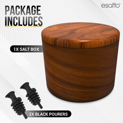 Esatto Round Acacia Wooden Salt Box, Magnetic Swivel Lid, Salt pepper or Spice Storage Box, 2 Wine Pourers Included