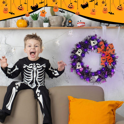 Halloween Wreath for Front Door with Lights,13 Inch Ghost Wreath Halloween Decorations for Indoor Window Party Holiday Wall Home Decor (Ghost)