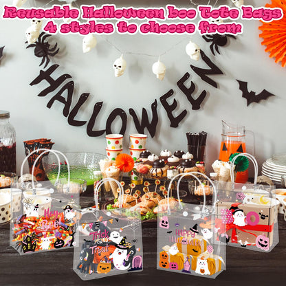 H1vojoxo Halloween Party Gift Bags - 24PCS Pink Halloween Clear PVC Gift Bags with Handle Trick or Treat Goodie Treat Tote Bag Reusable Hey Boo Pumpkin Tote Bag for Kid Pink Ghost Parties Favor Supply