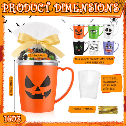 Patelai 6 Sets Halloween Coffee Mugs Cups 16 oz Halloween Stainless Steel Insulated Tumblers Bulk with Handle Lid Straw Brushes Clear Opp Bags Ribbons Spooky Black Cat Ghost Trick or Treat Party Gifts