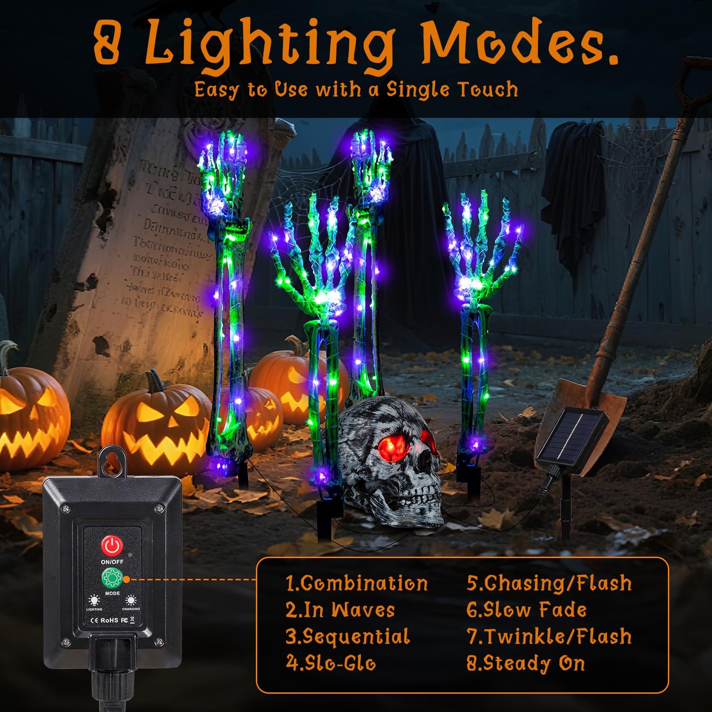 Halloween Lighted Skeleton Decor Outdoor, Solar Powered Realistic Scary Graveyard Bone Hands & Arms with 134 LEDs, 8 Lighting Modes, IP65 Waterproof for Lawn Garden Yard Party, Purple & Green