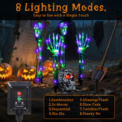 Halloween Lighted Skeleton Decor Outdoor, Solar Powered Realistic Scary Graveyard Bone Hands & Arms with 134 LEDs, 8 Lighting Modes, IP65 Waterproof for Lawn Garden Yard Party, Purple & Green