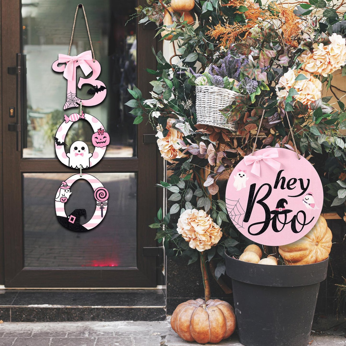 Amyhill 2 Pcs Halloween Door Sign Pink Boo Wooden Sign Ghost Wreath Decorations with Pink Bow for Farmhouse Front Door Hanger Porch Wall Decor
