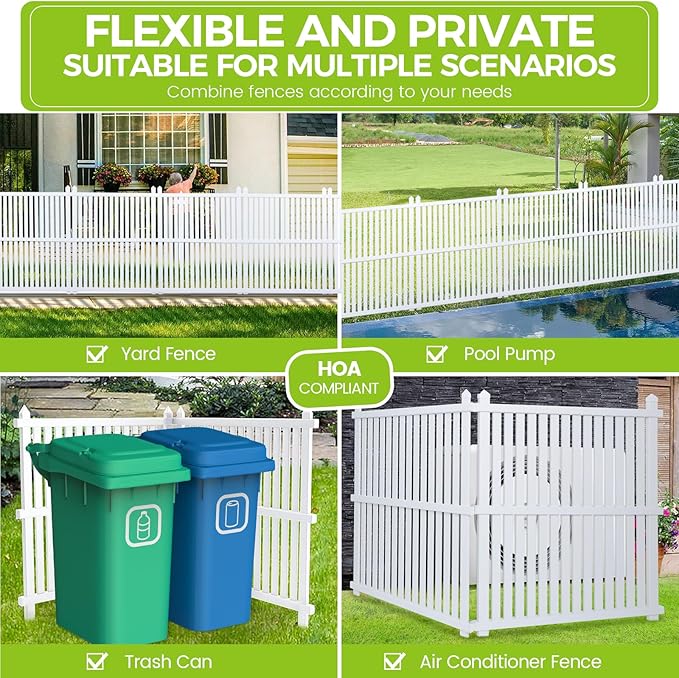 Air Conditioner Fence 48" W X 48" H Trash Can Fence Pool Equipment Enclosure Vinyl Privacy Fence Outdoor No Dig Privacy Fence 3 Panels with Metal Stake, White