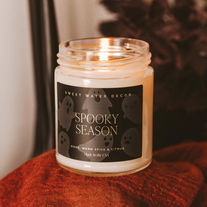Sweet Water Decor Halloween Jar Candle - Spooky Season Scent - 9oz, 40hr Burn Time, Clear Jar with Gold Lid