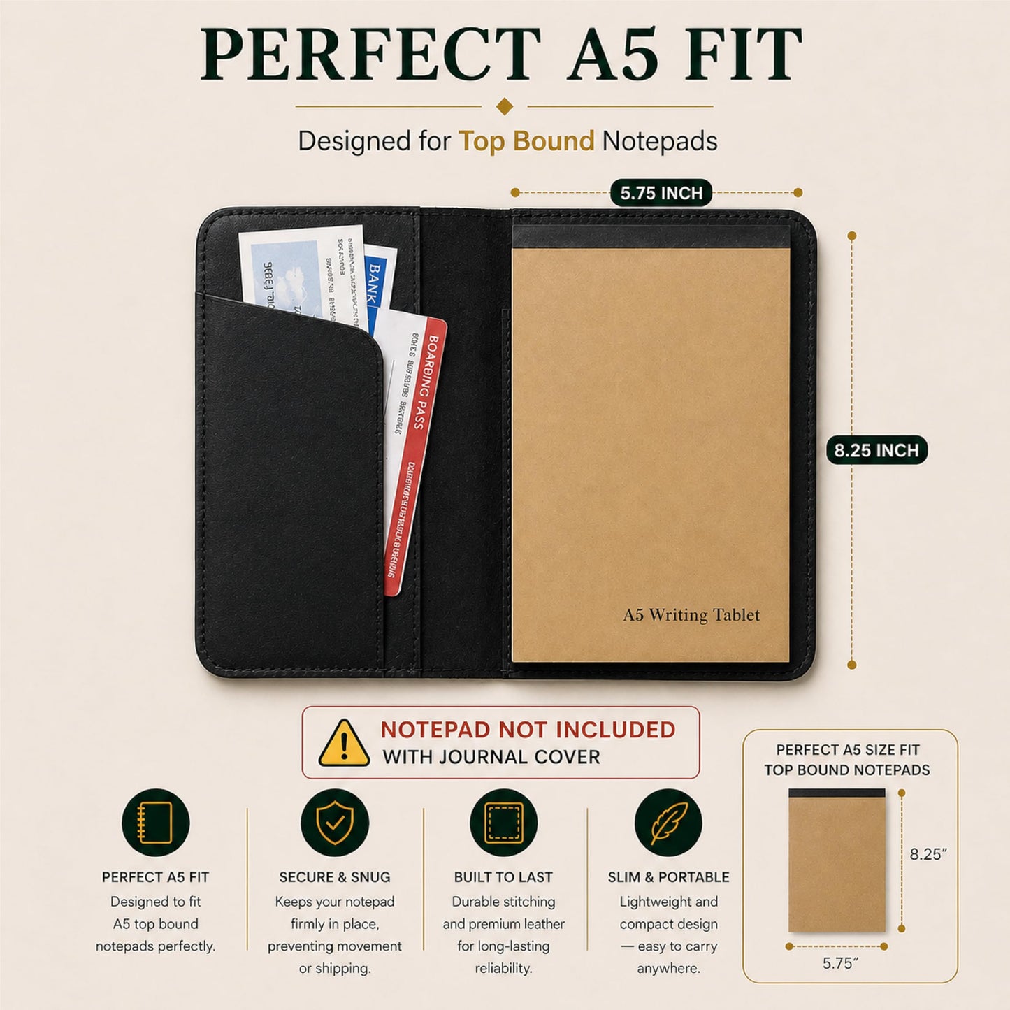 TheAntiq Leather A5 Journal Cover Top Bound – Handmade Vintage Leather Notebook Cover with Pen Holder & Card Slots – Refillable Travel Diary Organizer for Men & Women 5.7 x 8.25 (Black)