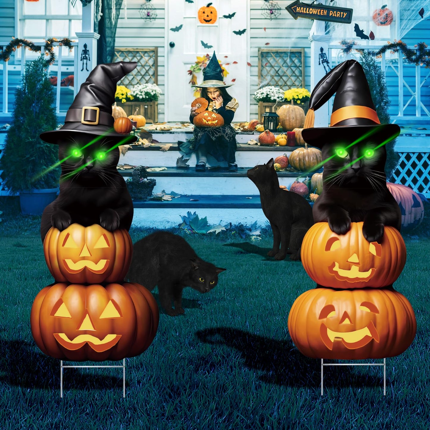 2Pcs 4.0FT Black Cat Halloween Decorations - Plastic Yard Signs With Stakes, Spooky Pumpkin Outdoor Decor, Scary Silhouette With Glow in Dark Eyes for Yard, Lawn, Garden