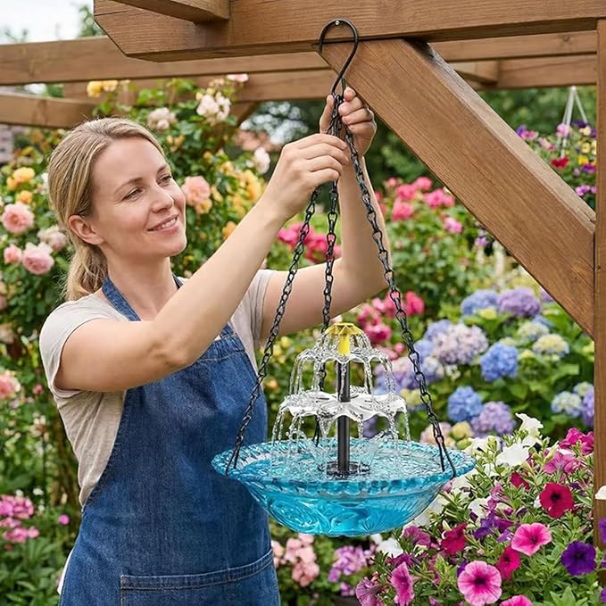 Solar Fountain for Bird Bath，Solar Cascade Hanging Bird Bath Fountain，Large Humming Birds Baths Fountains, with Solars Pump & Glass Bowl, for Outdoor, Gardens (Gray)
