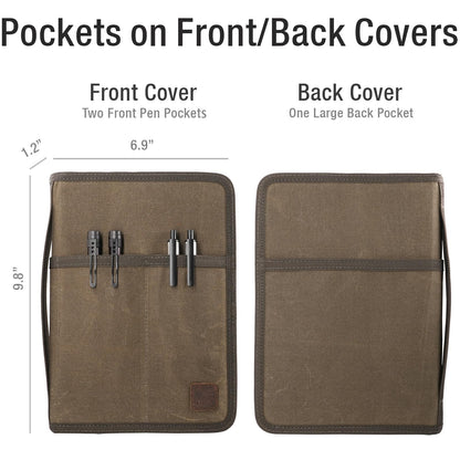 Krozur A5 YKK Zipper Notebook Journal Planner Sketchbook Cover for 5.5 x 8.25 Moleskine Cahier 5 x 8 legal note pads A5 LEUCHTTURM, Pen Loop, Water Resistant Cover, Classy Waxed Canvas, Olive