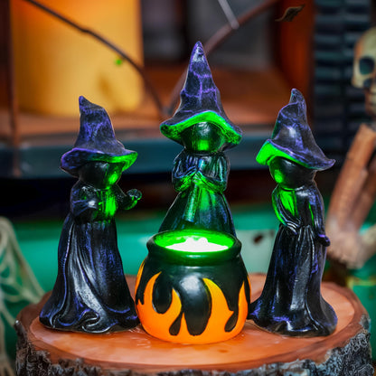 NEROSUN 4 PCS Halloween Miniature Witches Cauldron Figurine Table Decoration, Resin Scary Witches Lighted up Cauldron, Halloween Festival Supplies Indoor Outdoor Shelf Fireplace Home Decor