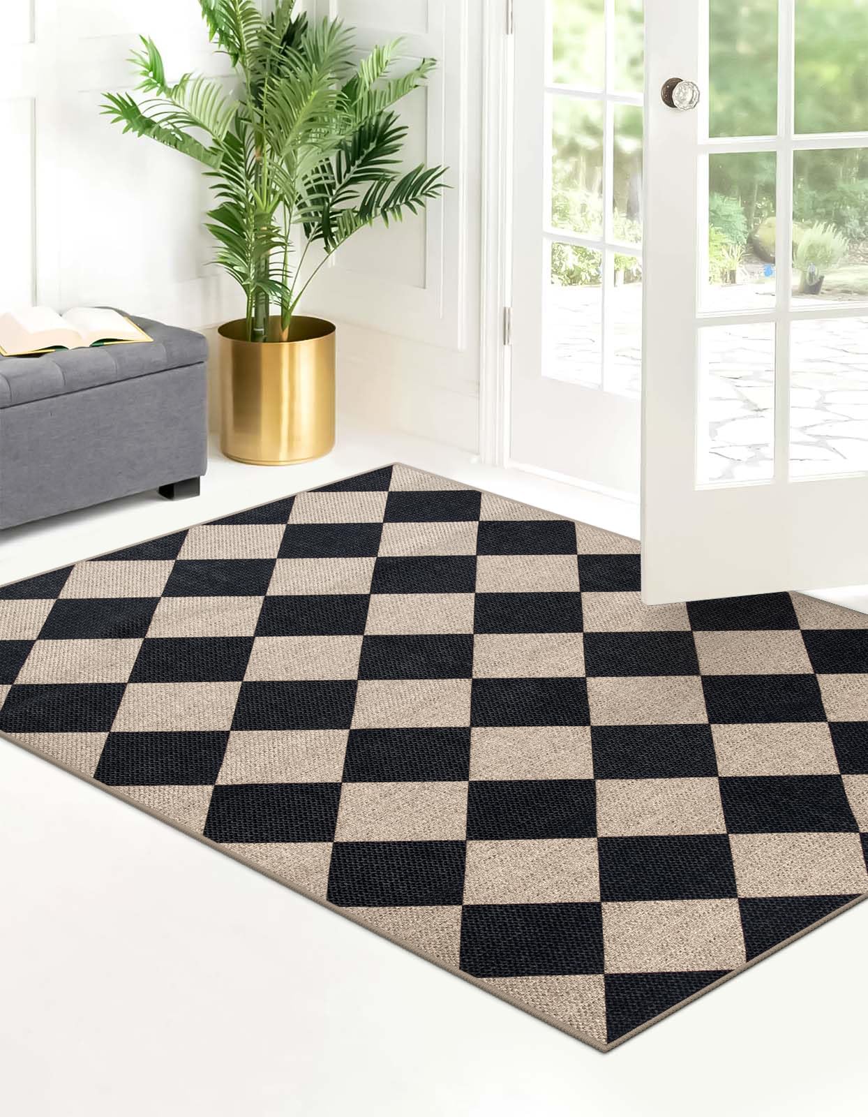 Lahome Checkered Easy Jute 3x5 Entryway Front Porch Rug, Black Diamond Indoor Outdoor Patio Layering Rug, Washable Farmhouse Neutral Non Slip Non Shedding Door Carpet for Backyard Blacony