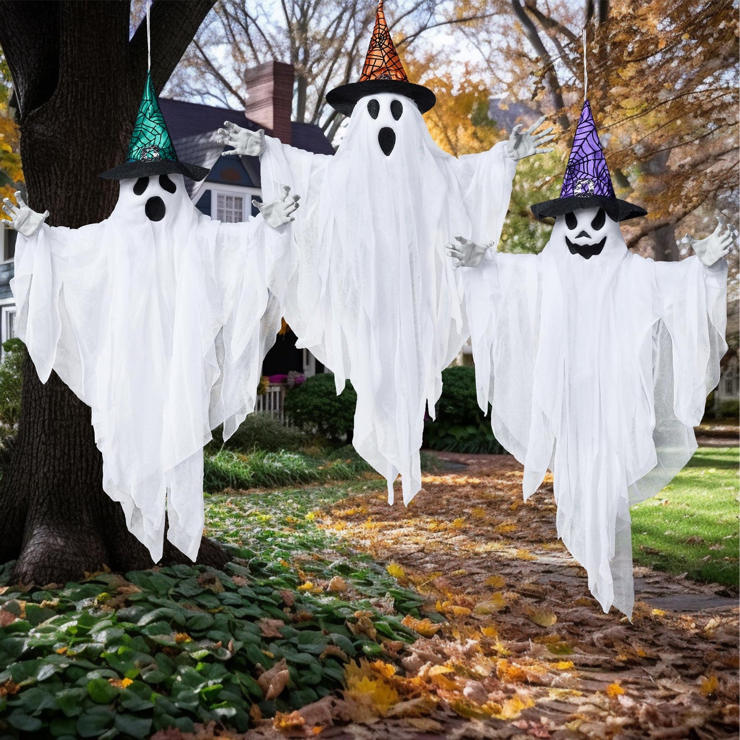 JOYIN 3 Pack 24.8" Halloween Hanging Ghost Decorations, Halloween White Flying Ghosts with Hats for Haunted House Graveyard Scene, Spooky Indoor and Outdoor Decor