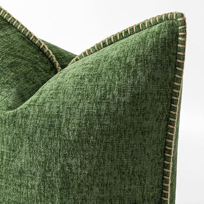 MIULEE Pack of 2 Couch Pillow Covers 16x16 Inch Moss Green Farmhouse Decorative Throw Pillow Covers with Stitched Edge Soft Chenille Solid Dyed Pillow Covers for Sofa Bed Living Room, Forest Green