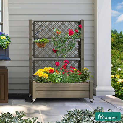 YITAHOME 43.3x17.7x61 in Planter Boxes Outdoor with Trellis, Resin Raised Garden Bed with Wheels & Drain Plug for Climbing Plants, Weather-Resistant Design Elevated Garden Bed with Trellis, Brown