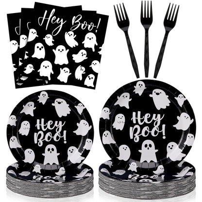 Havawish 122pcs/ 24 Set Halloween Paper Plate and Napkin Hey Boo Tableware Set Include 48 Spooky Black White Ghost Plate 50 Cocktail Napkins 24 Forks for Halloween Birthday Party Decoration, Serve 24