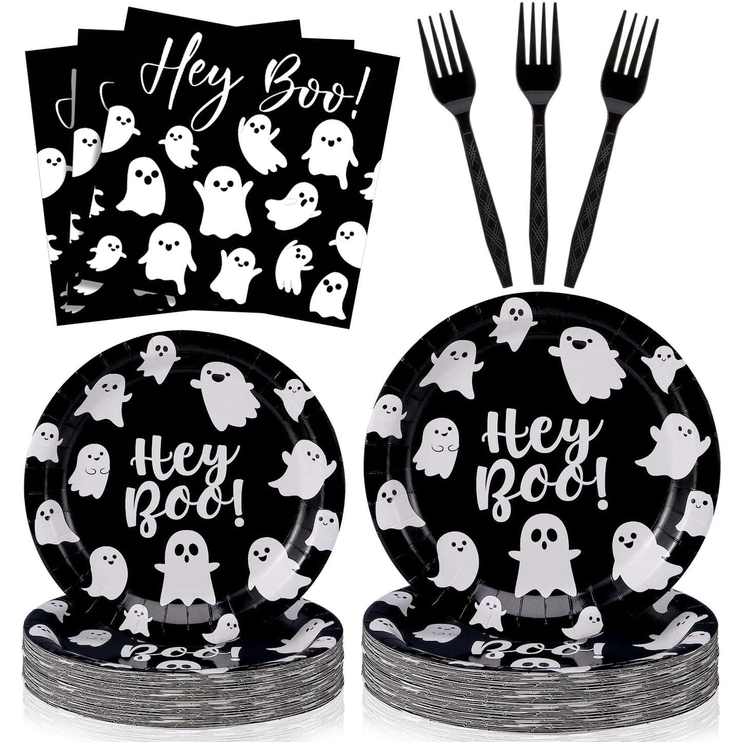 Havawish 122pcs/ 24 Set Halloween Paper Plate and Napkin Hey Boo Tableware Set Include 48 Spooky Black White Ghost Plate 50 Cocktail Napkins 24 Forks for Halloween Birthday Party Decoration, Serve 24