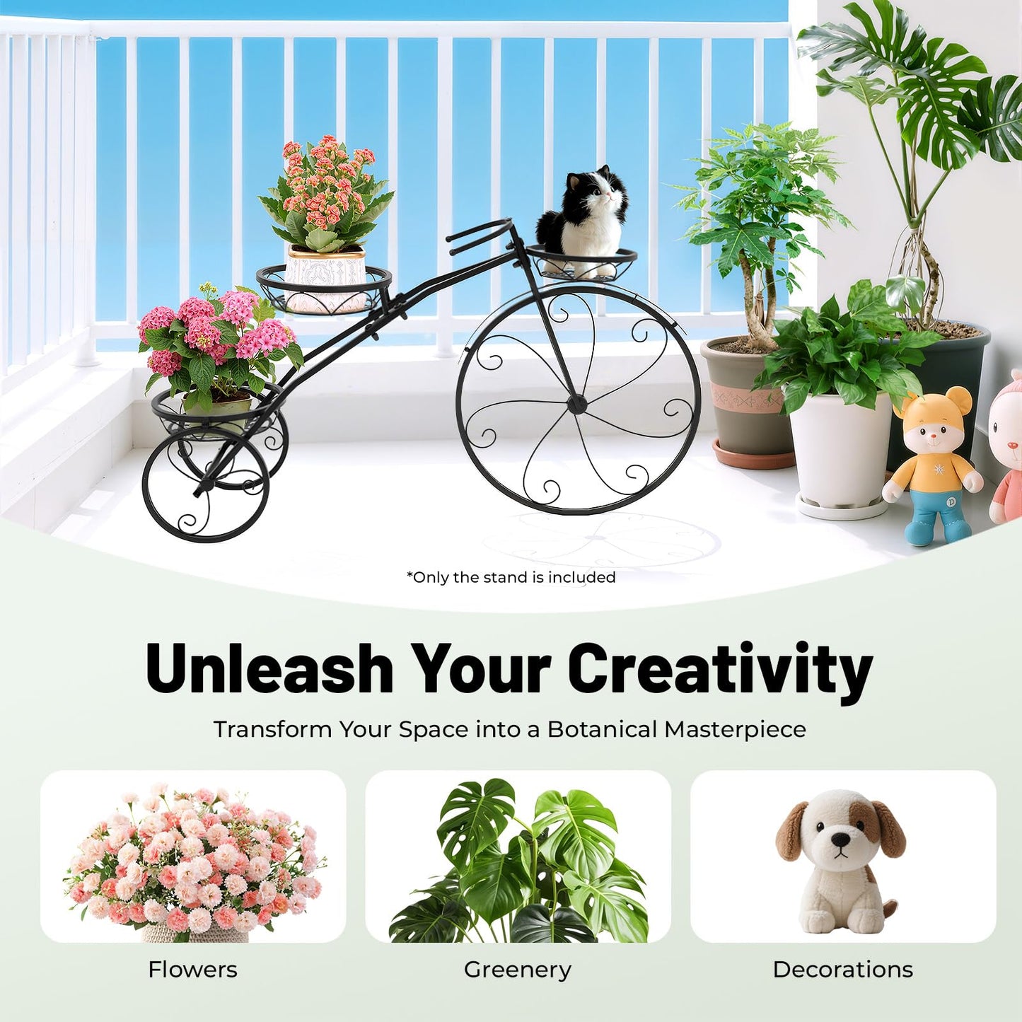 Bicycle Planter Stand, Three-wheeled Plant Stand, Plant Stand, Plant Corner Shelf, Metal Flower Pot Cart Holder with 3 Plant Bucket Outdoor Decorative for Patio, Deck, Garden or Lawn