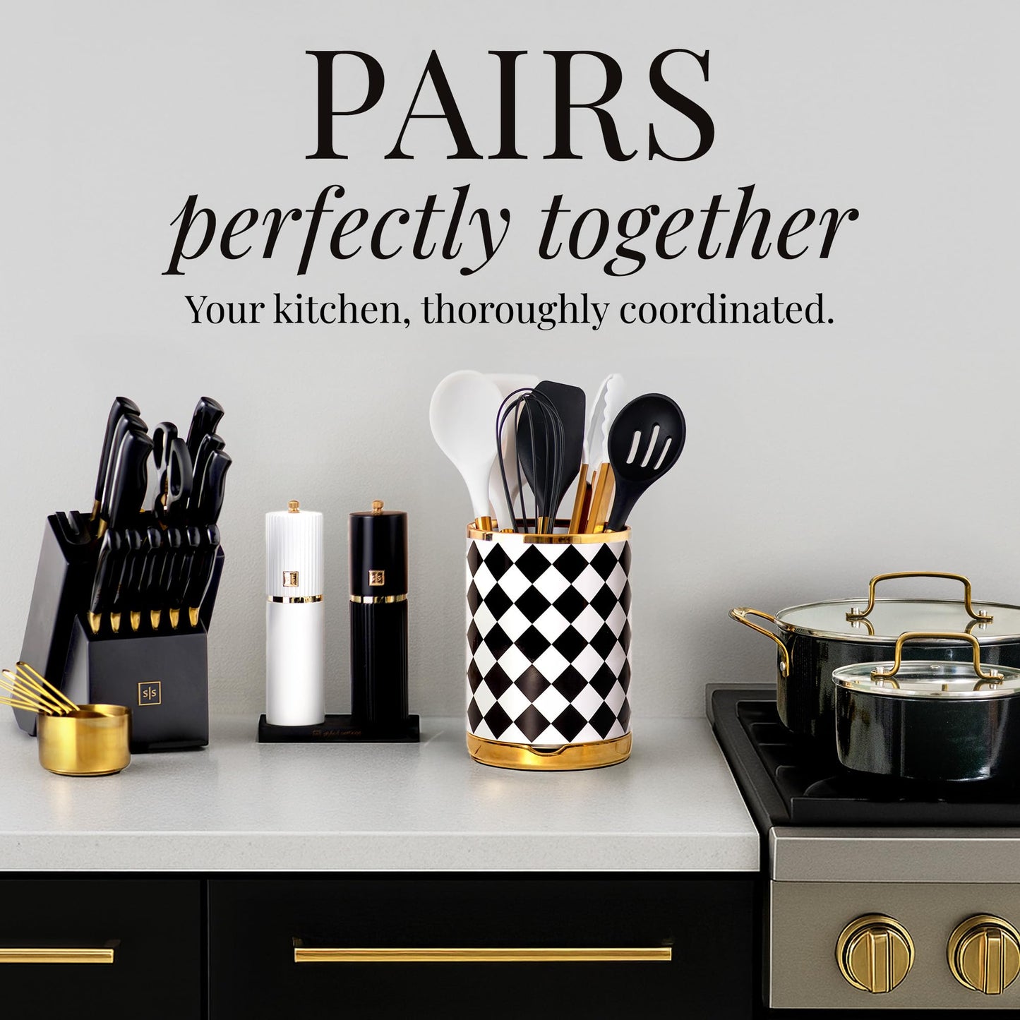 STYLED SETTINGS Black & White Checkered Utensil Holder Set – Large Ceramic Kitchen Utensil Holder for Countertop with Gold Spoon Rest – Stylish Checkered Kitchen Decor & Organizer