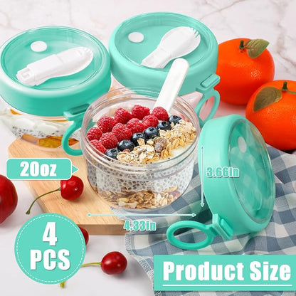 Gerrii 4 Pcs Overnight Oats Container with Lids and Spoons, 20 oz Plastic Overnight Oats Jars Large Capacity Airtight Yogurt Container for Milk, Fruit, Cereal and Salad Storage (Cyan)
