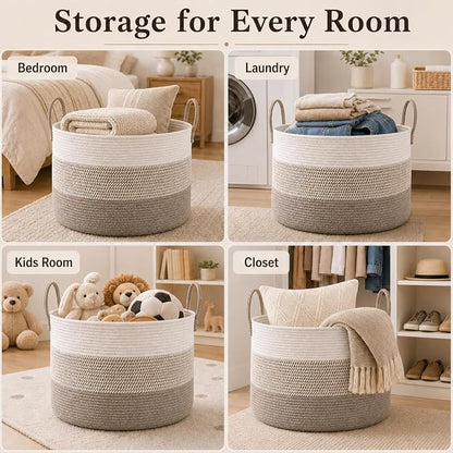 JMvicyroam 65L Extra Large Blanket Basket for Living Room - Woven Cotton Rope Laundry Hamper with Reinforced Handles - Storage Bin for Pillows, Comforters & Toys - Machine Washable,White&Brown Mix