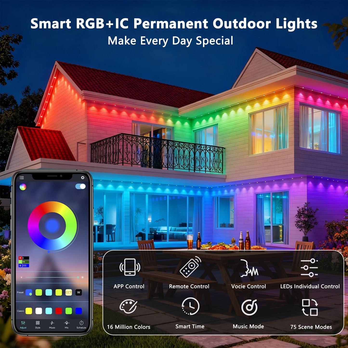 Permanent Outdoor Lights Pro, 150ft with 90 RGB+IC LED Lights for House, 75 Scene Modes,IP68 Waterproof Eave lights Compatible with Alexa, Google Assistant for Halloween Christmas Outdoor Daily Decor