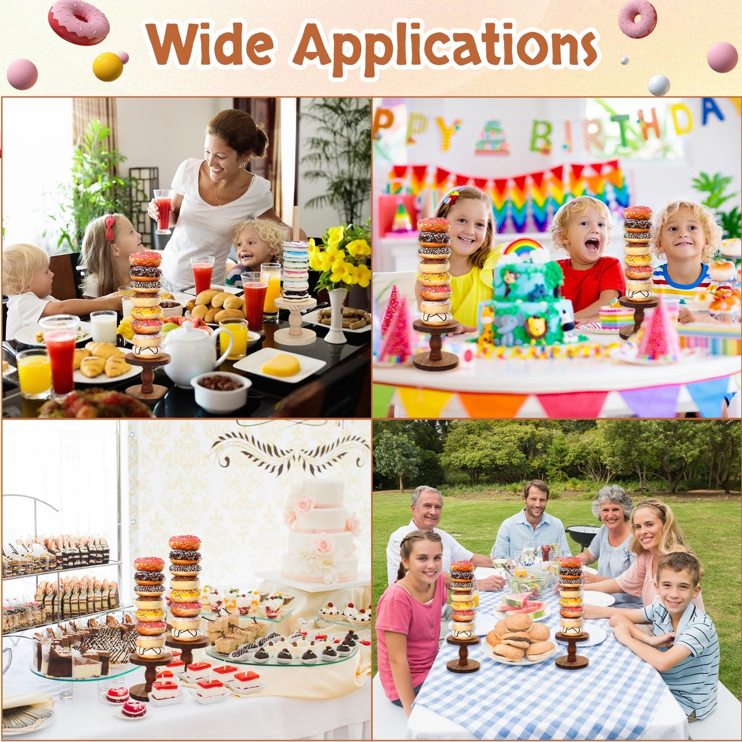 Zhehao 4 Pcs Farmhouse Donut Stand Donut Holder Display Stacker Tower Detachable Doughnut Stand Dessert Tower Tools Serving Decoration Kit for Birthday Wedding Party Decoration(Acacia Wood)