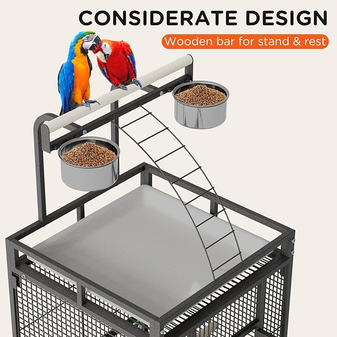 60" Large Wrought Iron Bird Cage with Rolling Stand, Play Top & 4 Stainless Steel Bowls, Metal Parrot Cage for African Grey, Cockatiel, Conure, Lovebird, Budgie, Black