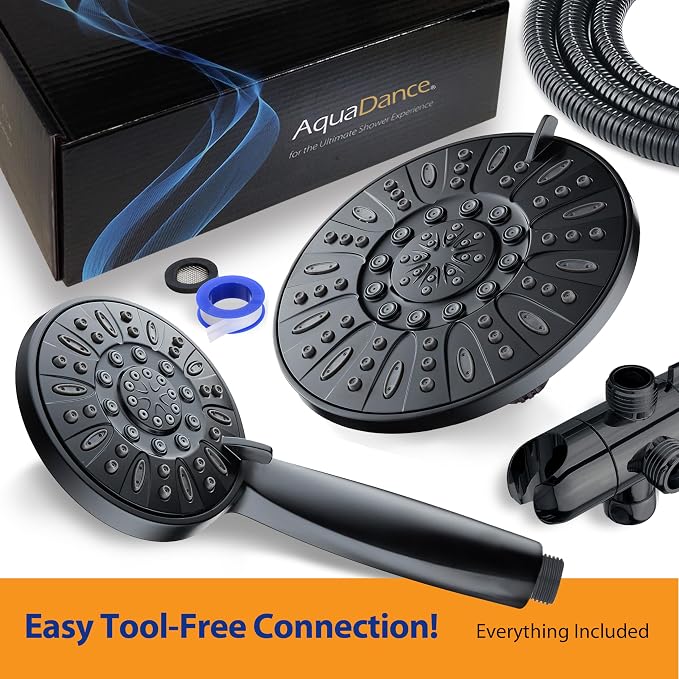 AquaDance 7" Premium High Pressure 3-Way Rainfall Combo for The Best of Both Worlds - Enjoy Luxurious Rain Showerhead and 6-Setting Hand Held Shower Separately or Together - Matte Black Finish