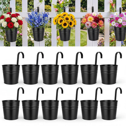 HowRU Hanging Flower Pots, Railing Planter Box for Outdoor Plants 12 Pack 5 Inch Metal Hanging Planters with Detachable Hooks Balcony Window Fence Garden Decoration Flower Boxes (Black)