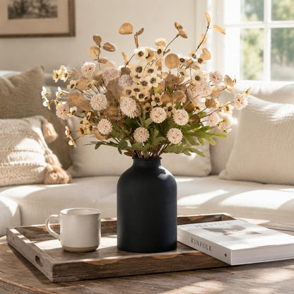 BLOSMON Beige Faux Flowers in Vase: Metal Vase with 12 Stems of Fake Mums Wax Eucalyptuses for Dining Table Centerpiece Decor - Artificial Silk Kiku Pom Poms Wild Farmhouse Floral Arrangements